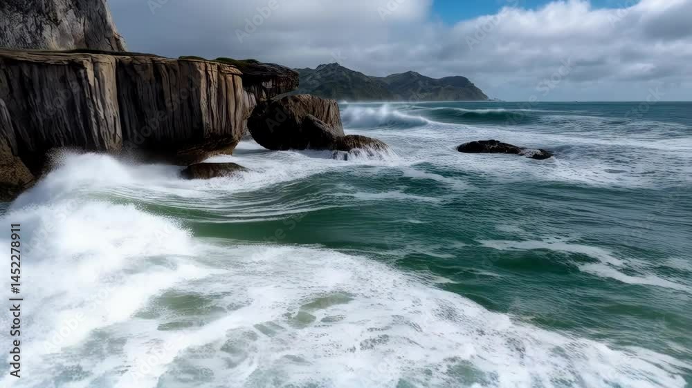 Ocean waves crashing against rocky cliffs, creating sea spray on an overcast day with a distant mountain range backdrop. Ocean waves crashing against rocky cliffs, creating sea spray on an overcast day with a distant mountain range backdrop.