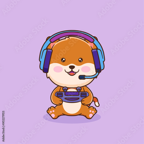 Vector illustration of cute cartoon cat holding joystick and wearing headphone. Animal and technology icon concept Isolated. Cat in flat cartoon style.