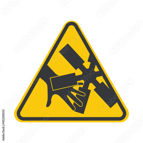 Safety sign hand injured by rotating fan blades, workplace accident warning to stay clear of spinning machinery to prevent serious injury or harm