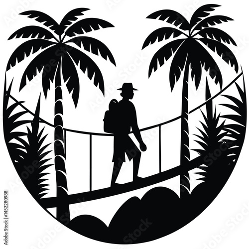Silhouette of Adventurer on Rope Bridge in Tropical Jungle with Palm Trees