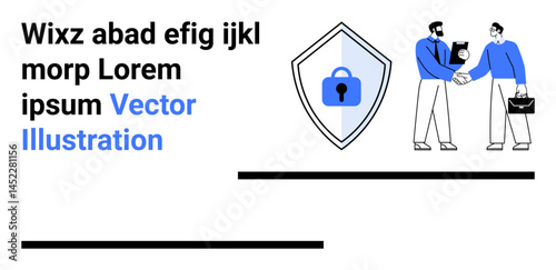 Two professionals shake hands beside a security shield with lock, representing trust, data protection, and partnership. Ideal for business security, agreements, privacy, partnerships, cybersecurity