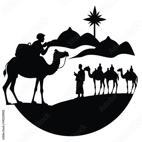 Silhouette of Wise Men on Camels, Following Star, Christmas Nativity Scene