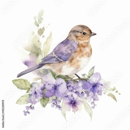 a watercolor painting of a bird sitting on a branch with flowers 