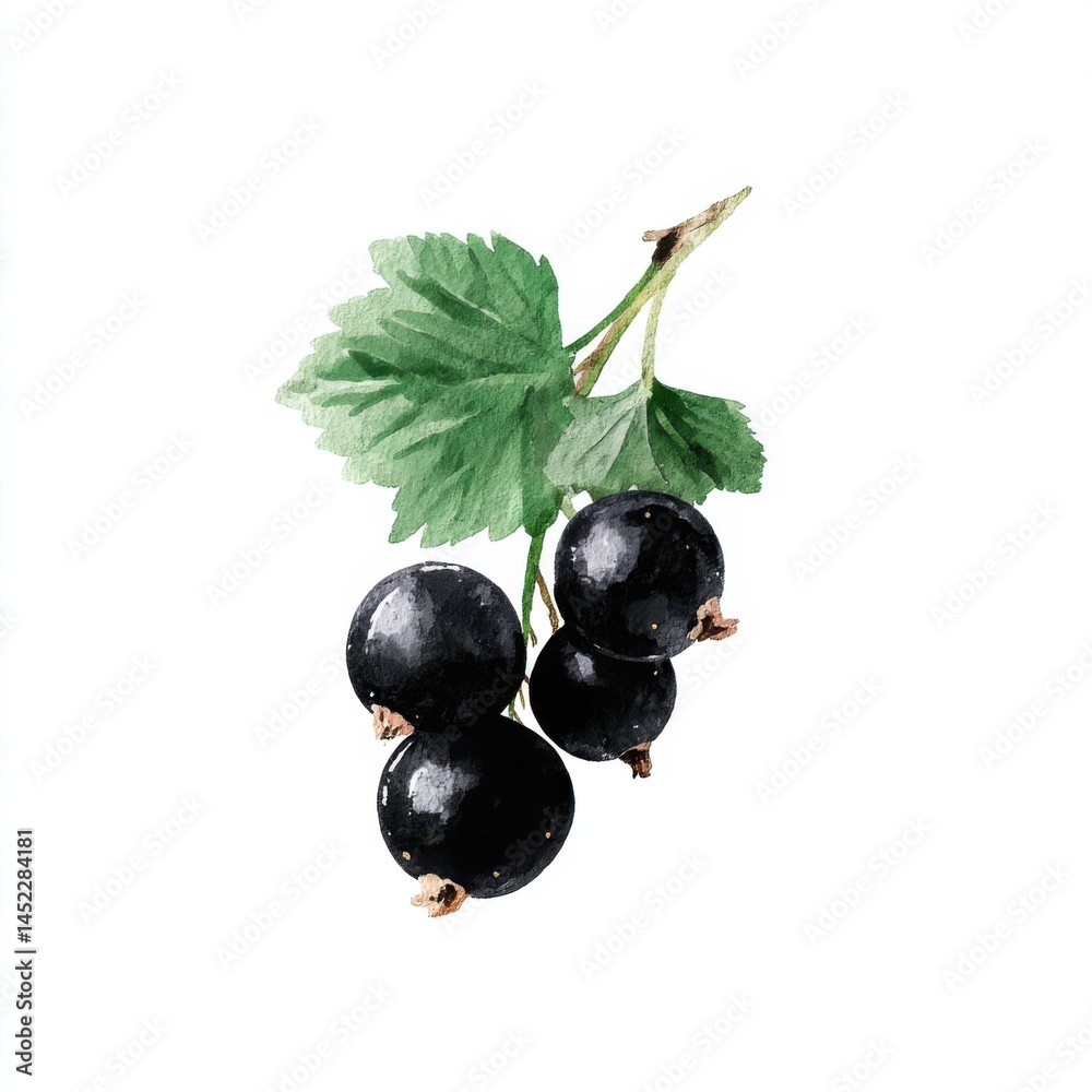 Watercolor Black Currant Illustration - Botanical Art, Fresh Berries, Summer Fruit, Isolated on White Background, Detailed Painting Watercolor Black Currant Illustration - Botanical Art, Fresh Berries, Summer Fruit, Isolated on White Background, Detailed Painting