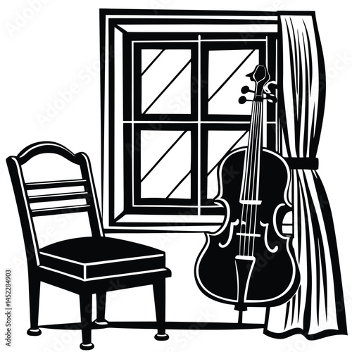 Black and White Illustration: Chair, Window, Cello, and Curtain in a Room Scene