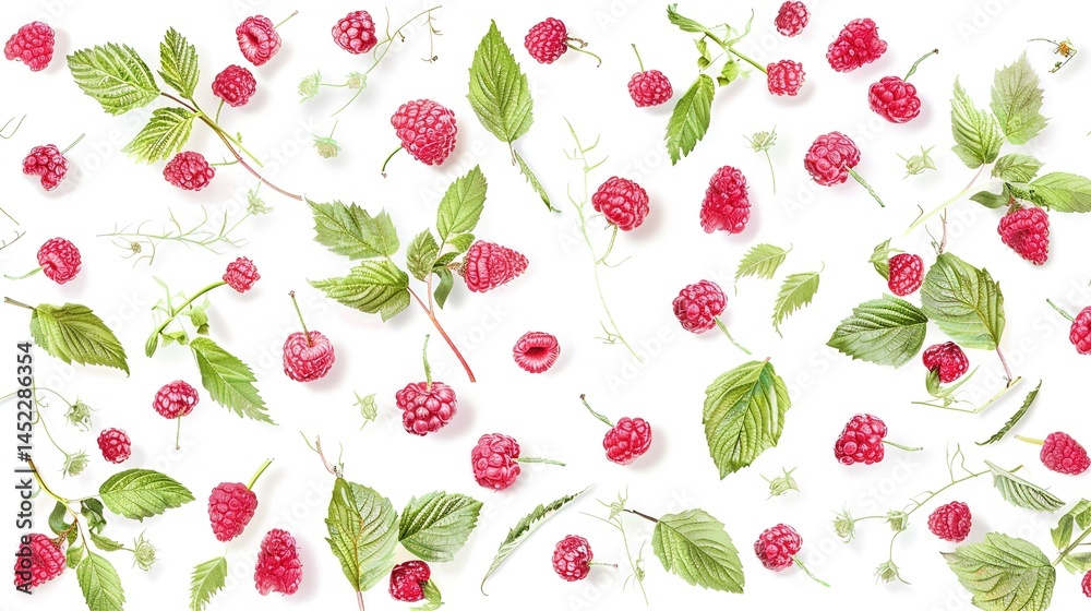 Raspberries adorned with leaves are presented in isolation on a pristine white background. This visually appealing sight, perhaps crafted with generative AI, showcases the natural beauty and freshness Raspberries adorned with leaves are presented in isolation on a pristine white background. This visually appealing sight, perhaps crafted with generative AI, showcases the natural beauty and freshness