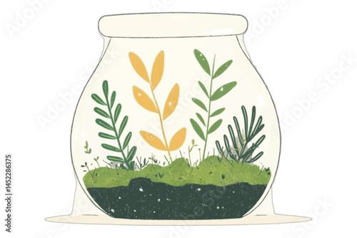 Terrarium in Glass Jar, Cute illustration of a terrarium in a glass jar.