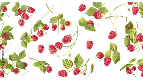 Wallpaper Mural Raspberries adorned with leaves are presented in isolation on a pristine white background. This visually appealing sight, perhaps crafted with generative AI, showcases the natural beauty and freshness Torontodigital.ca