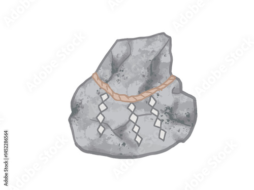 Illustration of a sacred rock with a shimenawa rope attached, where the soul of a god resides