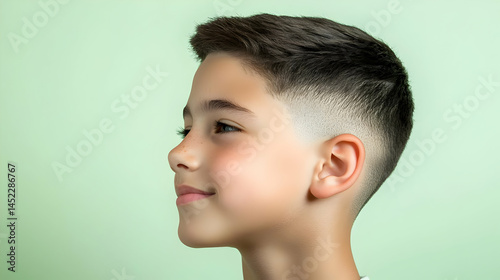 Close-up profile view of a boy with a short, stylish haircut.  He has a happy expression and light-colored eyes.  The shot is well-lit, and the backdrop is a soft mint green