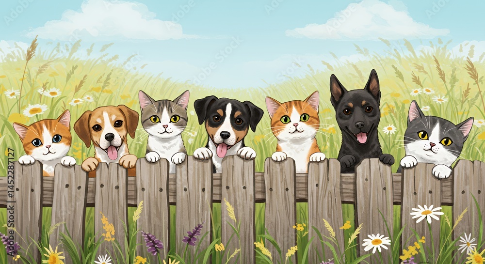 Naklejka premium Charming Pixel Art Depicting Cats and Dogs Peeking Over a Wooden Fence Amidst Daisies and Wildflowers in a Sunny Sky, Evoking a Cheerful and Rustic Scene Suitable for Art