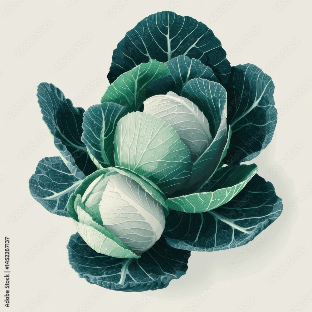 Fototapeta premium Two Fresh Cabbages with Detailed Leaves on Light Background - Healthy Eating, Vegetarian Food, and Organic Produce Still Life