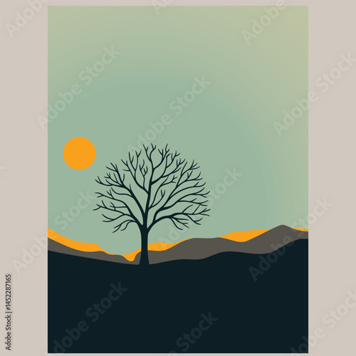 Minimalist Night Scene Bare Tree and Moon