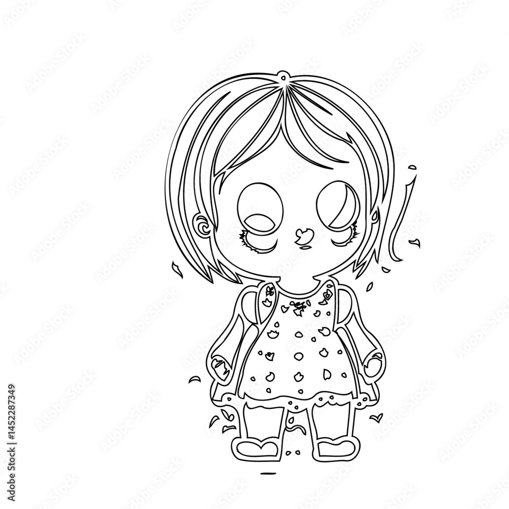 Whimsical line drawing of a charming girl character with large expressive eyes Whimsical line drawing of a charming girl character with large expressive eyes