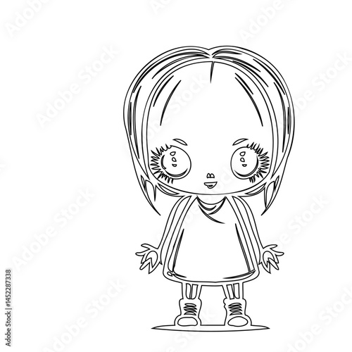 Stylized line drawing depicting a young girl with large eyes illustration