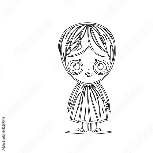 Whimsical monochrome illustration of a stylized child character, hand-drawn