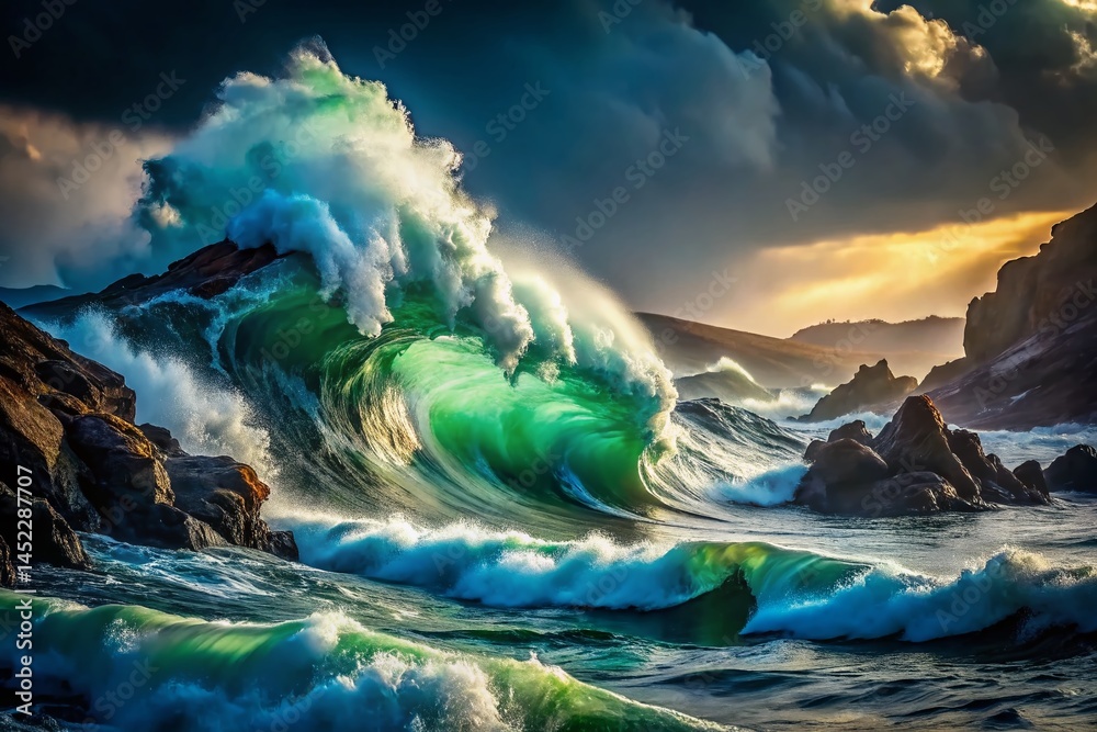 Naklejka premium Dramatic Double Exposure: Ocean Wave Crashing on Rocky Shore