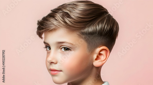 Close-up of a boy with a stylish, short haircut.  Light brown hair styled with waves,  and a close-cropped  nape.  Pale skin and expressive eyes.  Against a soft, pink backdrop