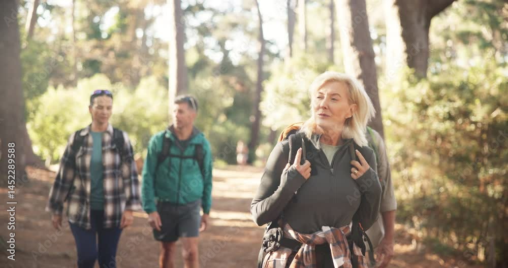 Hiking, adventure and group in woods, walking and journey for backpacking in environment and travel. Outdoor, trekking and traveller on holiday in nature, forest and people on trip for exploration Hiking, adventure and group in woods, walking and journey for backpacking in environment and travel. Outdoor, trekking and traveller on holiday in nature, forest and people on trip for exploration