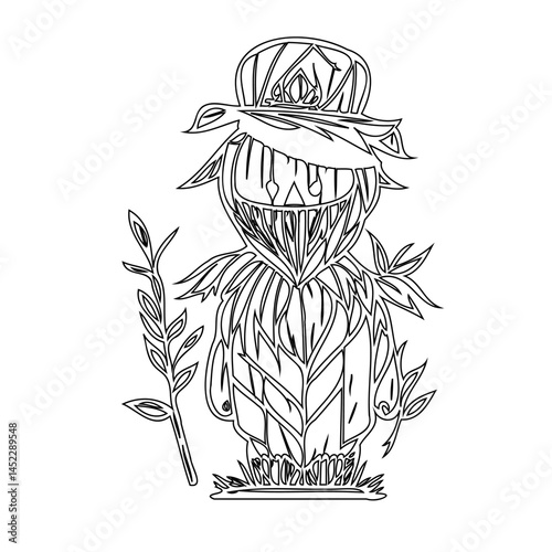 Stylized scarecrow line art illustration with botanical elements and textures