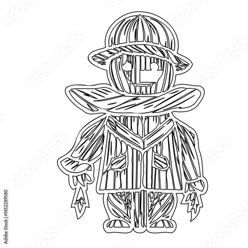 Stylized Scarecrow Illustration: A Monochrome Outline Depicting a Rustic Figure