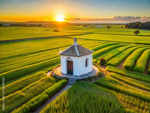 Drone View: Charming Round Chapel in Ribatejo, Portugal Rice Paddies