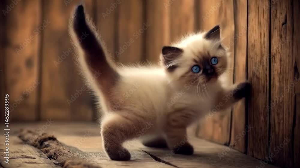 gato siames bending head with curious eyes on wooden brown floor