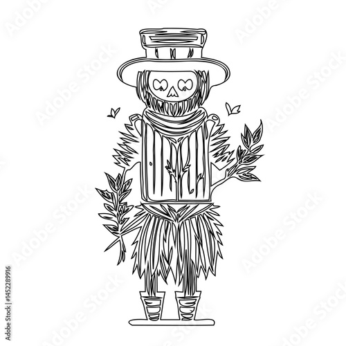 Whimsical linear artwork presenting a scarecrow with leaves and unique details