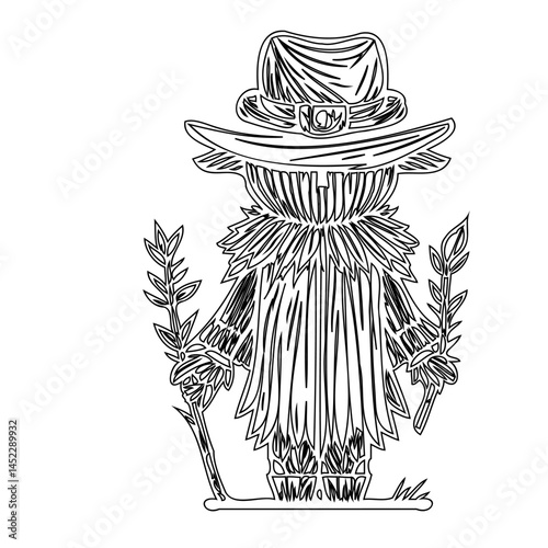 Stylized line art illustration of a rustic scarecrow for autumn designs