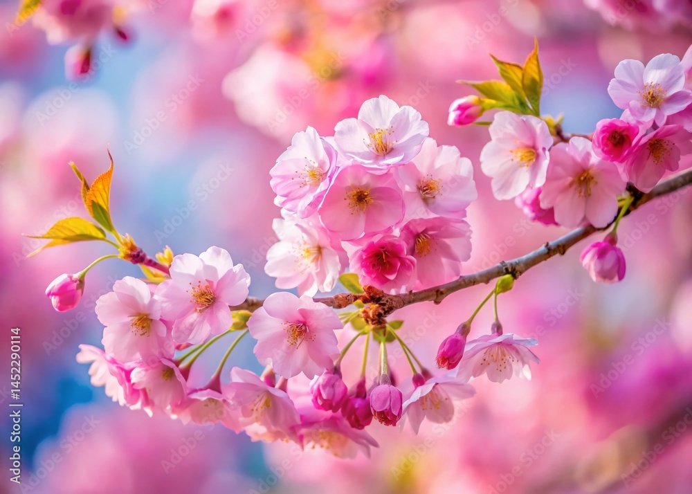 Naklejka premium Drone View: Pink Sakura Blossom Branch, Spring Wedding Backdrop, Exotic Texture