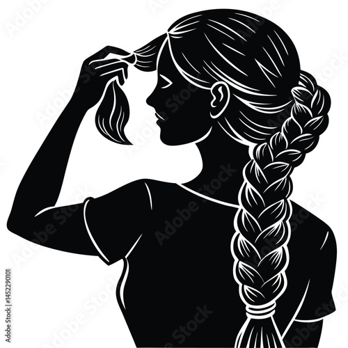Silhouette of Woman with Braided Hair Examining a Strand in Black and White