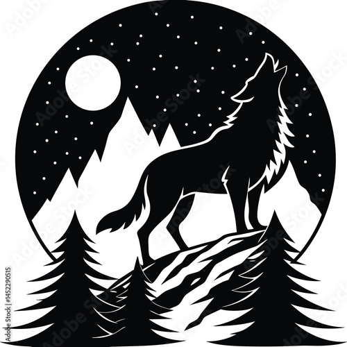 Black Silhouette Wolf Howling at the Moon in a Night Sky Mountain Scene