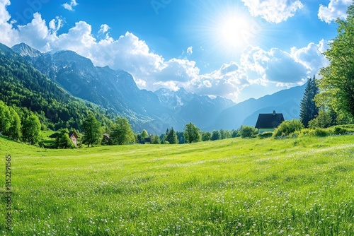 Beautiful green meadow with mountains in the background landscape scenery sky.