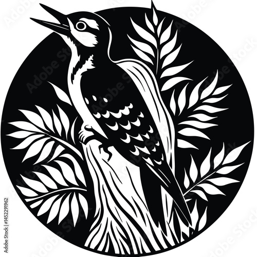 Woodpecker Black and White Vector Illustration in Circle, Bird on Tree Trunk Art