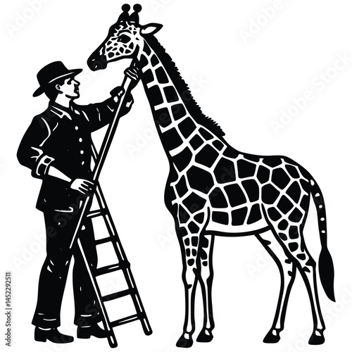 Vintage Woodcut Illustration: Man with Ladder Reaching Giraffe's Neck Art Print