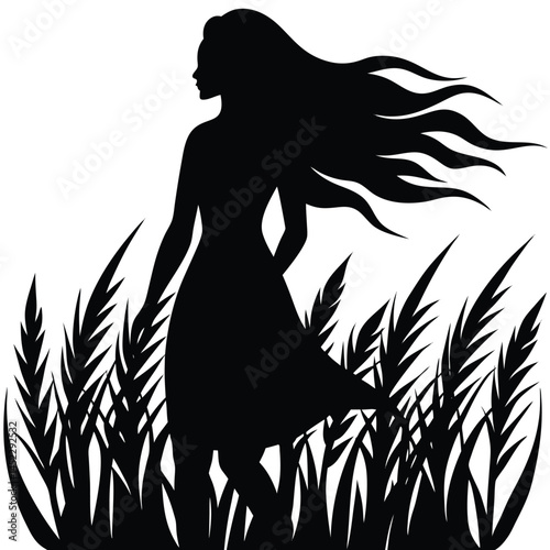 Silhouette of Woman in Field of Grass Vector Art Illustration Design