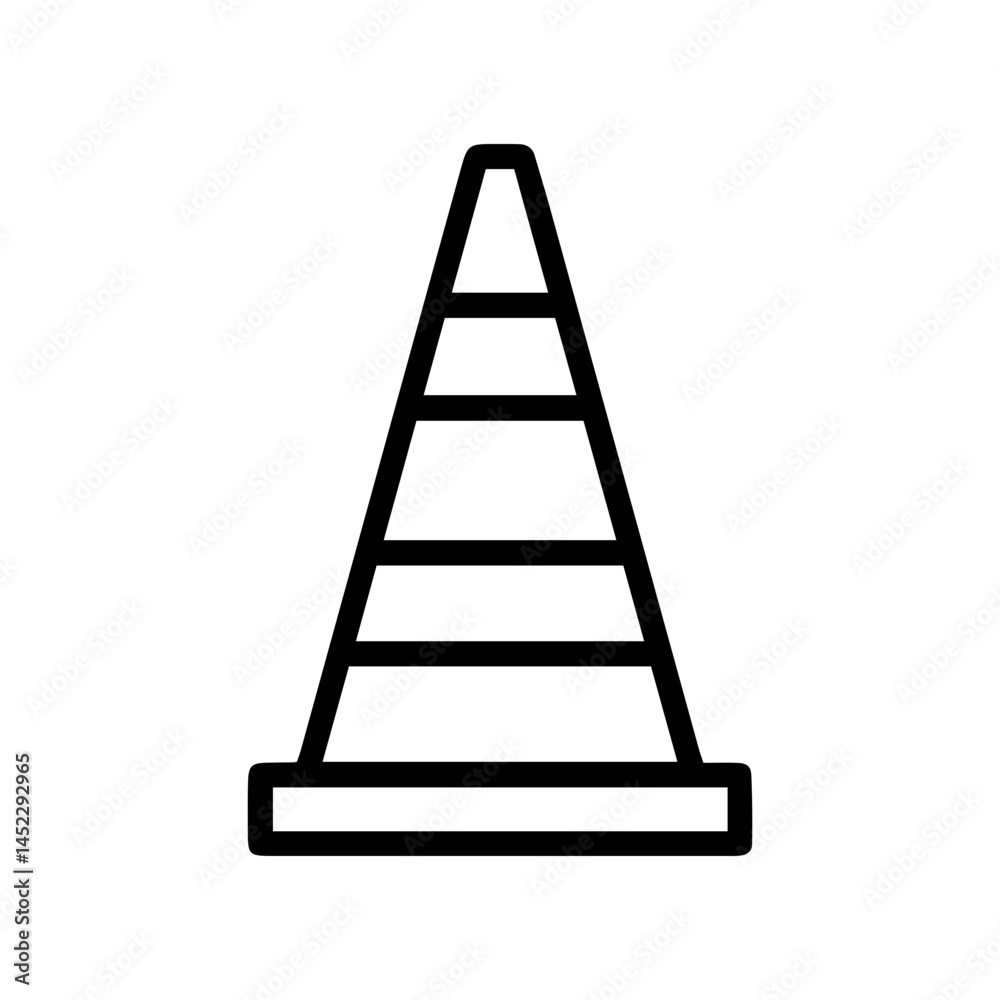 Traffic cone (outline style). A conical object with horizontal stripes symbolizes road work, construction zones, or traffic management. Represents temporary barriers, safety measures, or warnings Traffic cone (outline style). A conical object with horizontal stripes symbolizes road work, construction zones, or traffic management. Represents temporary barriers, safety measures, or warnings