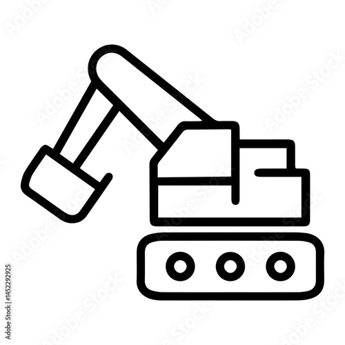 Excavator (outline style). A construction vehicle with a digging arm and bucket symbolizes excavation, construction, or earthmoving. Represents heavy machinery used for digging, trenching