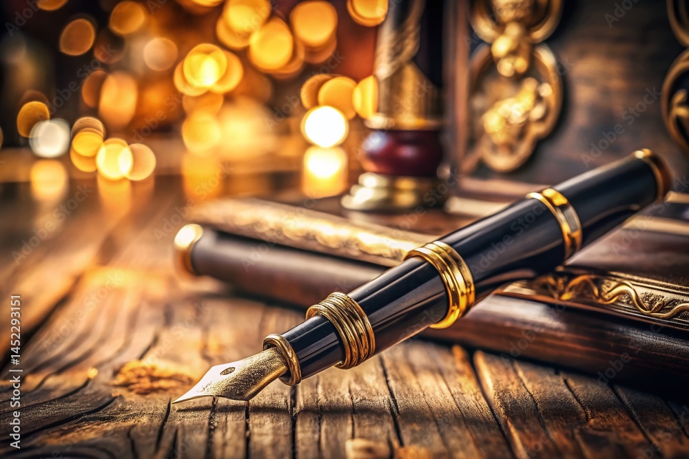 Elegant Fountain Pen on Antique Desk, Close-up, Writing Supplies, Luxury Stationery Elegant Fountain Pen on Antique Desk, Close-up, Writing Supplies, Luxury Stationery
