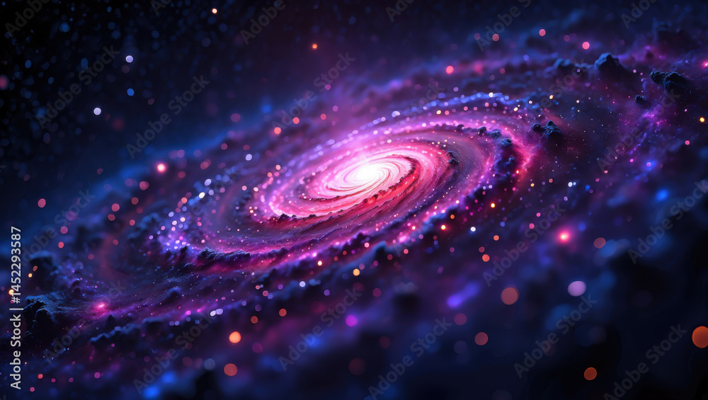 Fototapeta premium Galaxies rotating, purple-red gradient nebula with a luminous center core spiraling outward, fantastic cosmic scene