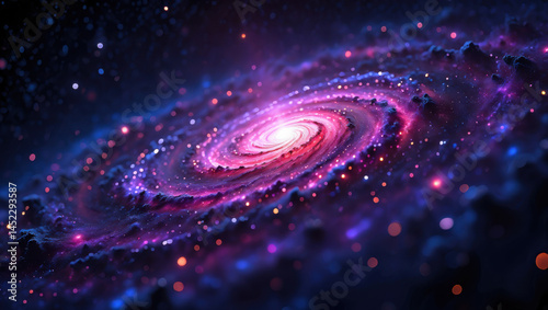 Galaxies rotating, purple-red gradient nebula with a luminous center core spiraling outward, fantastic cosmic  scene