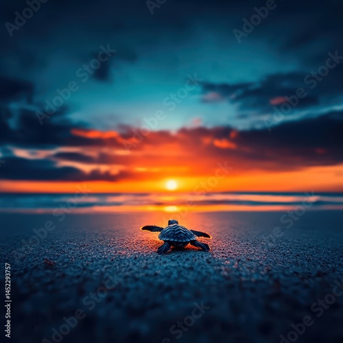 A baby sea turtle crawls towards the ocean under a vibrant sunset sky on a sandy beach.