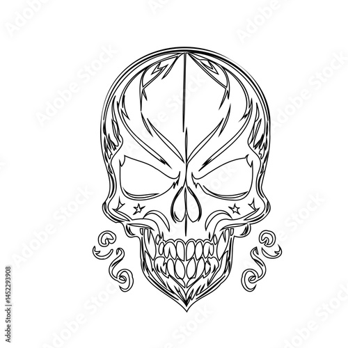 Intricate Skull Illustration with Ornamental Details and Tattoo Art Style