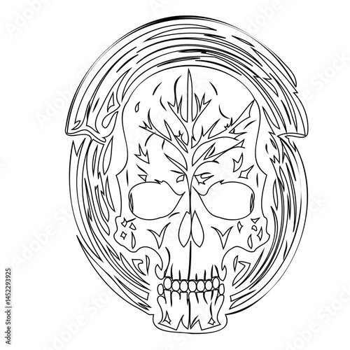Stylized Skull with Botanical Elements: Ethereal and Symbolic Visual Composition