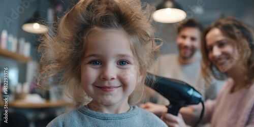 Child Laughing While Hairdresser Styles Hair