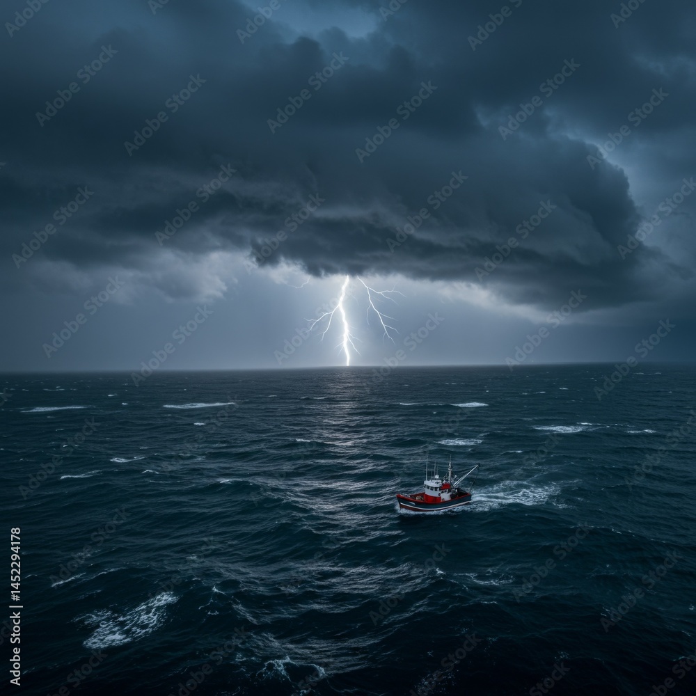 Obraz premium Red Boat Sailing Through a Dramatic Ocean Storm