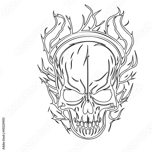 Stylized Skull Artwork with Fiery Aura, Black and White Illustration