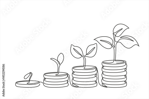 Single continuous line drawing step of coins stacks, money, saving and investment or family planning. Concept for return money saving and investment. One line draw vector. Editable stroke.

