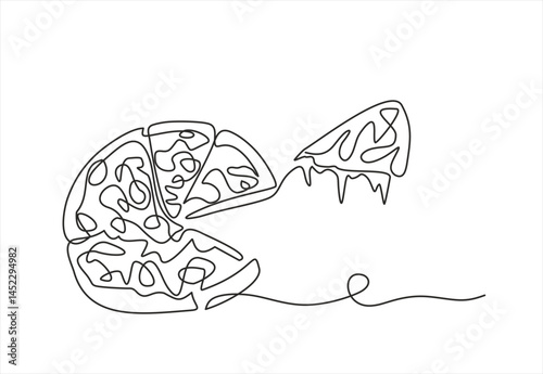 one continuous line drawing of pizza isolated on white background. Food minimalism vector illustration. Editable stroke.
