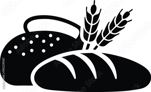 Black and white silhouette of loaf of bread bun and wheat stalks